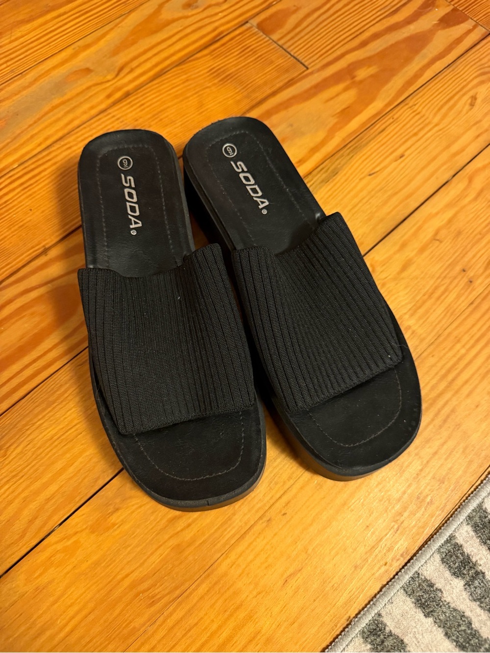 Soda Black Ribbed Slide Sandals